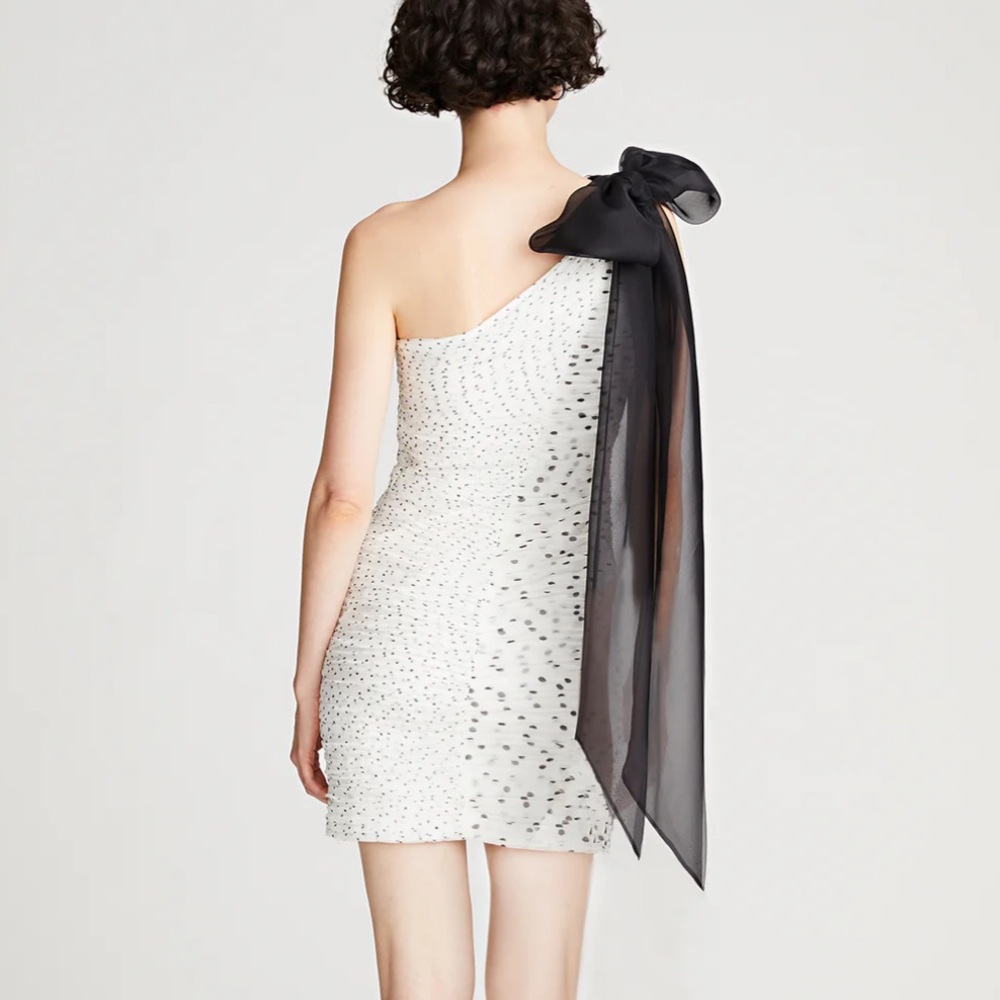 HALSTON / Analise Silk black micro polka dot white dress bow roughed 4